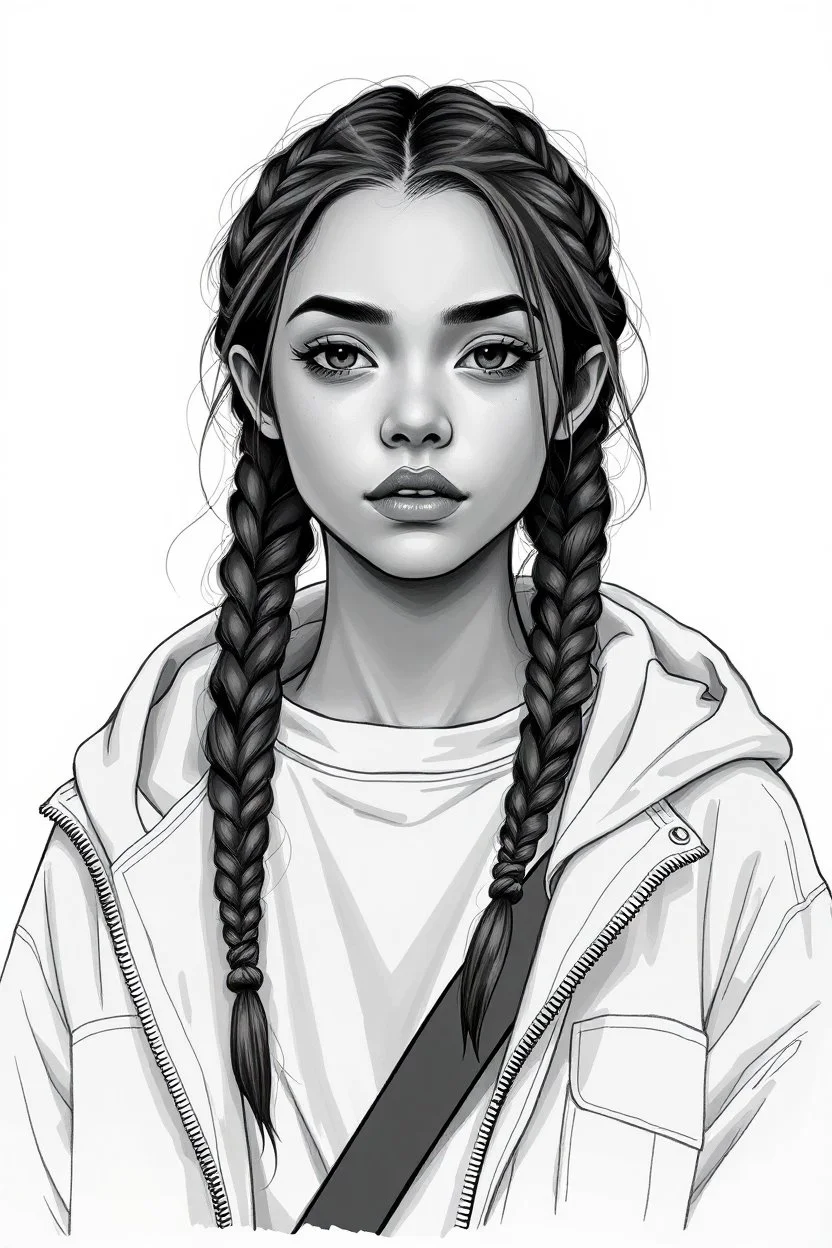 detailed graphic art, youth woman portrait, high detailed face, solitary vibe, modern clothes, braided hair , atmospheric, aesthetic, detailed linework, highly detailed, modern vibe, artwork, grayscale, no hood, no photorealism
