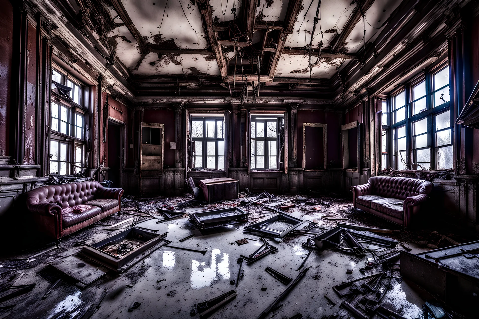 inside a horrifying abandoned mansion, post-apocalyptic style, night