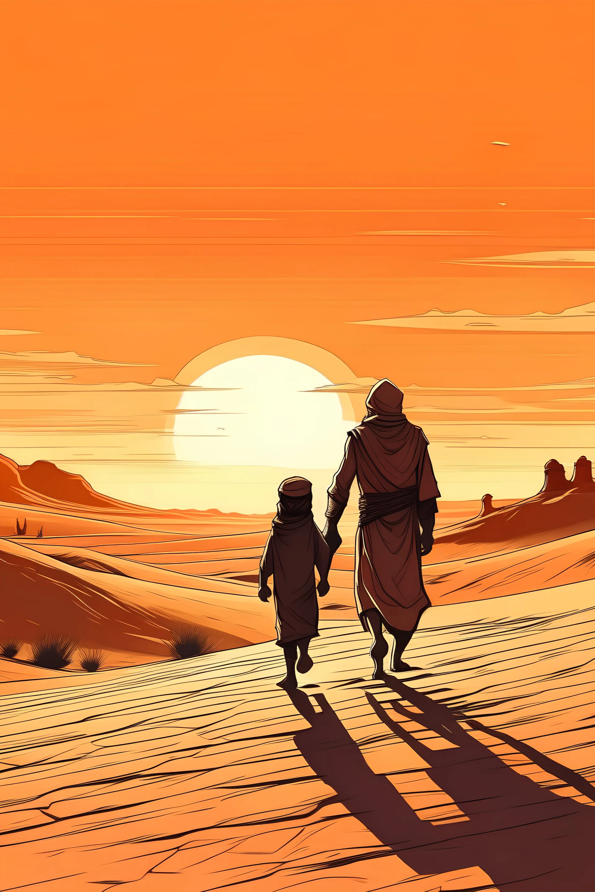 Drawing of a Bedouin man walking with his boy towards sunset in a desert