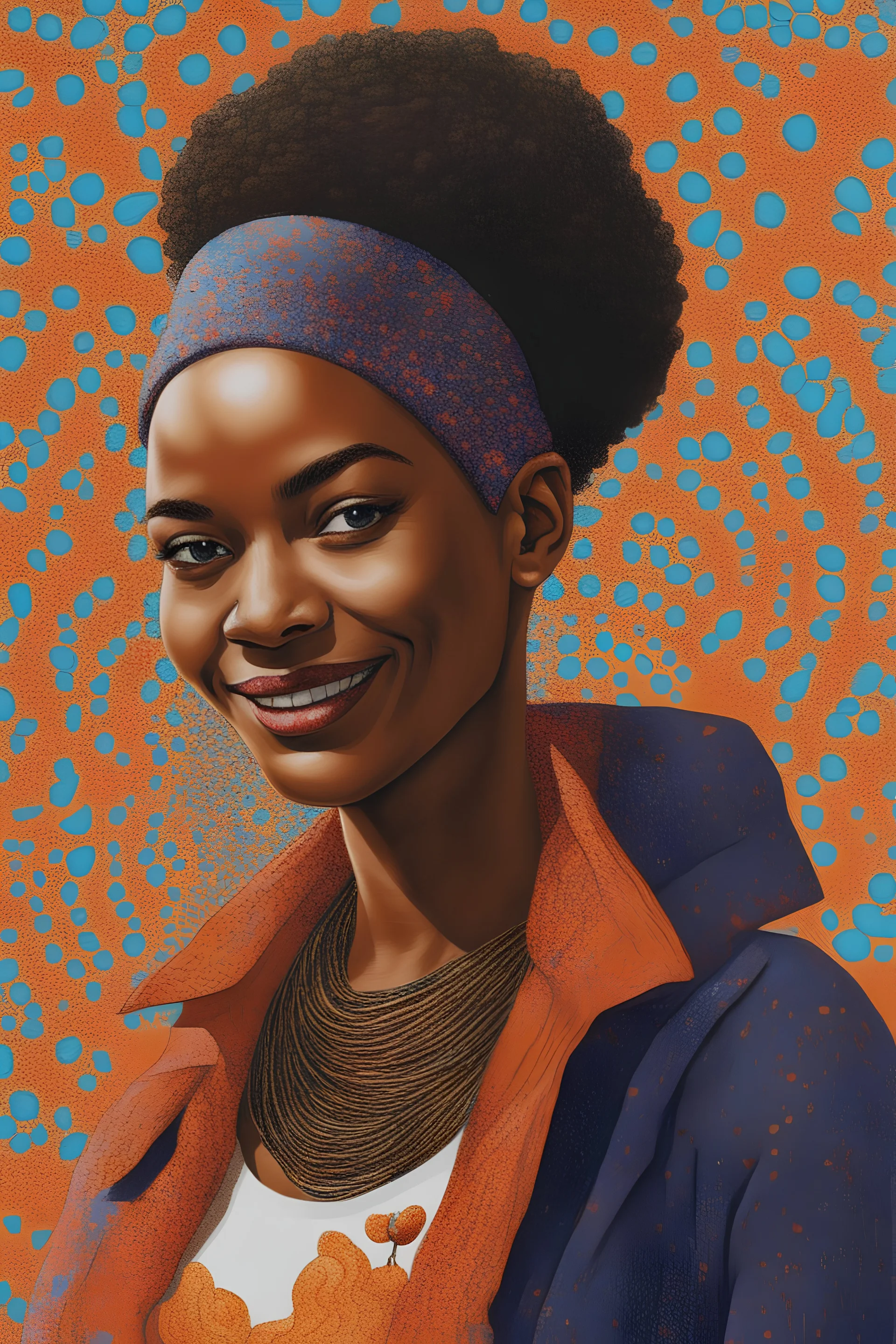 Portrait Frau 27 Jahre lächelnd :Afrofuturismus ; Pointillismus
