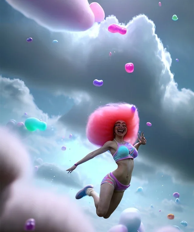 Ultra realistic speed clouds sky scene, wide angle view, sweet women falling down, inflatable color clothing, free jumping flying, many trinkets, hair monster. Clouds sea, many jelly beans, balls, color smoke, smile, happy, circus style, extreme, wind, 20,000 feet altitude, stratosphere, soft color, highly detailed, unreal engine 5, ray tracing, RTX, lumen lighting, ultra detail, volumetric lighting, 3d, finely drawn, high definition, high resolution.