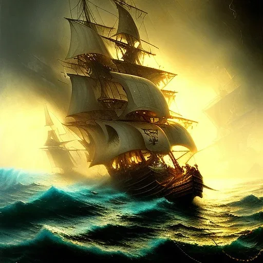 frank frazetta style, pirate ship battle, ocean, storm, night