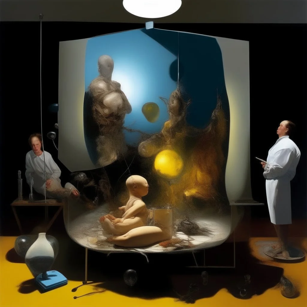 human body, universe-like light, complex surgical instruments mixed with a newborn boy,minimalism,Painting By Adrian Ghenie, Rene Magritte, Salvador Dali, Lucian Freud