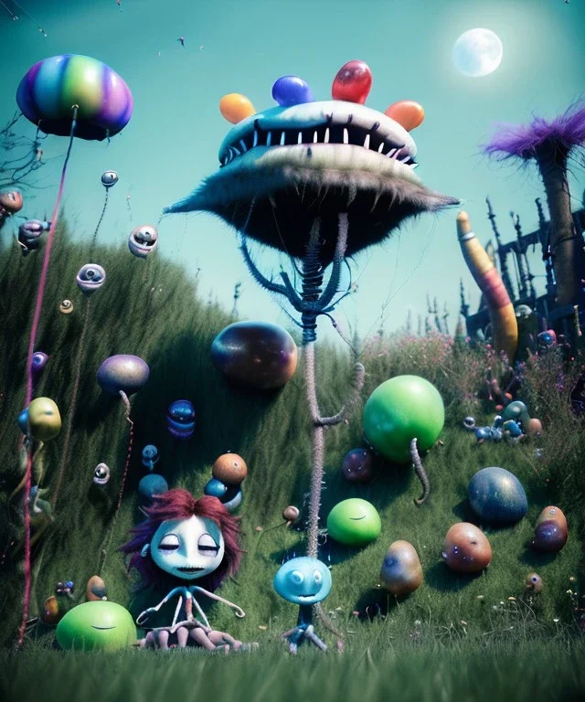 Tim burton photographer, Ultra realistic garden night scene, portrait, wide angle view, child playing with feather pillows and sweet inflatable monsters, circus dress style, feather color, free jumping, many trinkets, hair monster, many jelly beans, balls, smile, extreme, wind, soft color, highly detailed, unreal engine 5, ray tracing, RTX, lumen lighting, ultra detail, volumetric lighting, 3d, finely drawn, high definition.