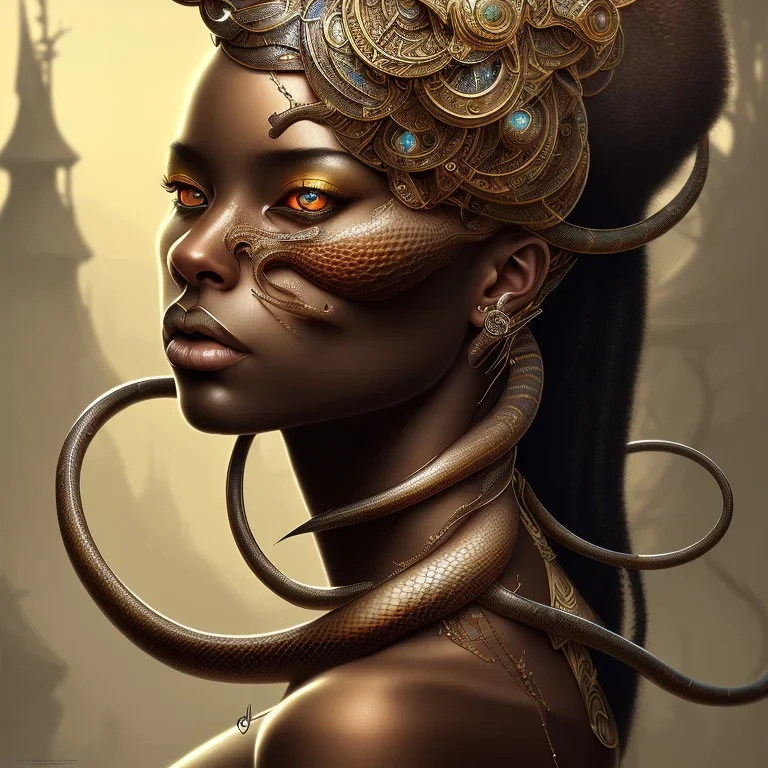 sango fantasy, fantasy magic, intricate, sharp focus, illustration, highly detailed, digital painting, concept art, matte, masterpiece snake head sexy lady body black African beauty tiger wearing African hair more head showing