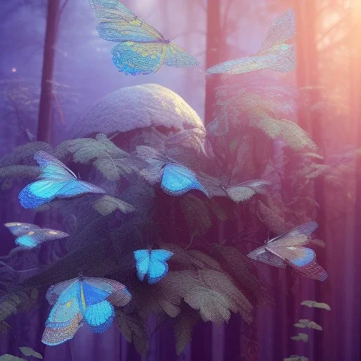 intricate details, realistic, octane,colorfull unreal engine, ,zoomed out + portrait, volumetric lighting, shiny,extreme detail, Photorealism, High detail, Hyper realistic butterflies in blue forest, macro lens blur,abstract paint, sharp,eos5d mark 4, ef 85mm 5.6, focus