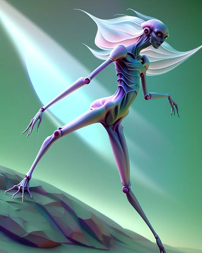 an ethereal and pastel alien creature, with shifting limbs and slender composition, is climbing through a strange wild landscape , highly polished, chrome airbrush style, dreamlike composition, color penciling color palette, surrealistic retro-futurism, rotoscoping, psychedelic aesthetic, metaphysical, highly detailed, arthur lismet, artstation, 1960s psychedelic drawing with art nouveau motifs, munch, vibrant, extra terrestrials art, vintage