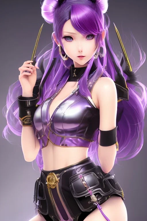 Detailed cute anime Kunoichi girl, purple hair buns, purple bangs, black latex bodysuit, intricate details, full body portrait, keep head in frame, slight smile, black Japanese motif, concept art, highly detailed, digital painting, concept art, sharp focus, illustration, art by Yoji Shinkawa, WLOP and greg rutkowski and alphonse mucha and artgerm and yanjun Chen and Junji ito and Makoto Shinkai, HDR, octane render