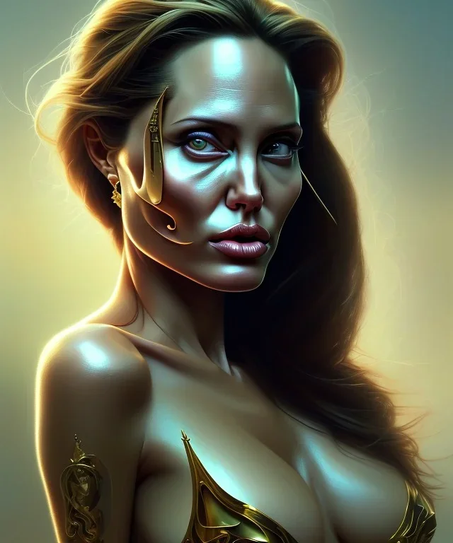 Angelina Jolie, cute, beautiful, big breast, Native American, head and shoulders portrait, 8k resolution concept art portrait by Greg Rutkowski, Artgerm, WLOP, Alphonse Mucha dynamic lighting hyperdetailed intricately detailed Splash art trending on Artstation triadic colors Unreal Engine 5 volumetric lighting, long hair, brown eyes, black hair, clean face