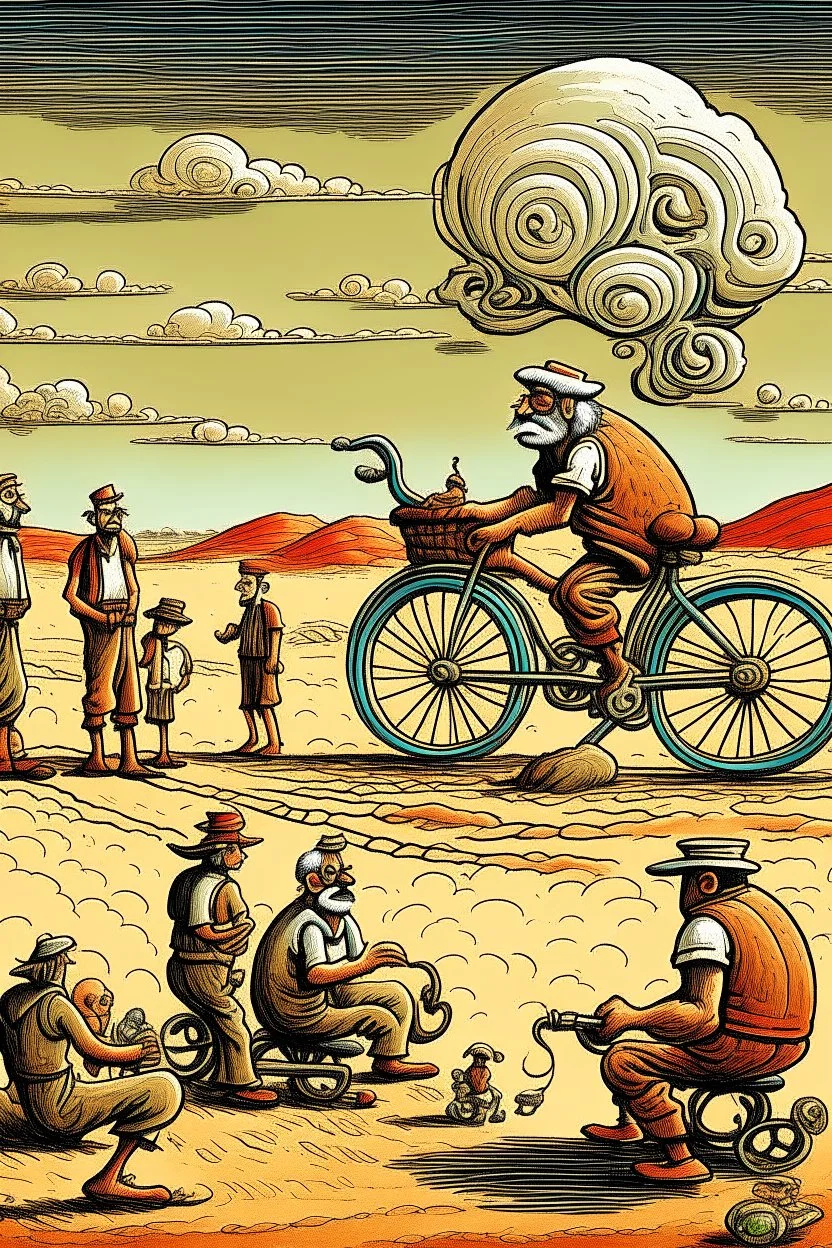 giant old bicycle with pepe on the top smoking in the desert with small people around n the style of Hiroshi Nagai