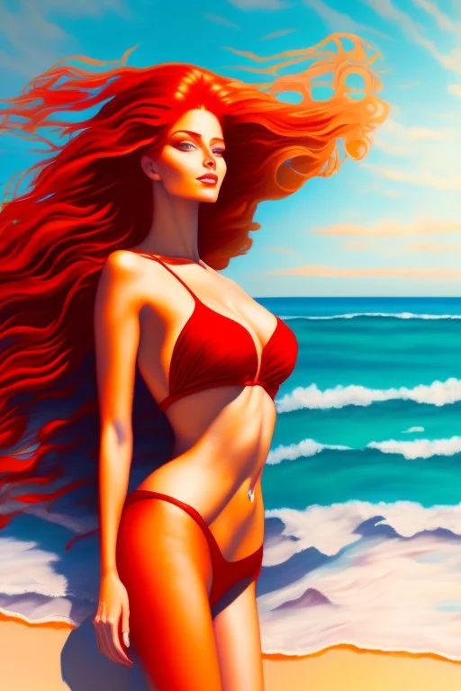 a painting of a woman in a bikini on the beach, an airbrush painting, inspired by Edmond Aman-Jean, featured on deviantart, with long red hair, as a panel of a marvel comic, warm weather, elegantly posing over you, airbrush render