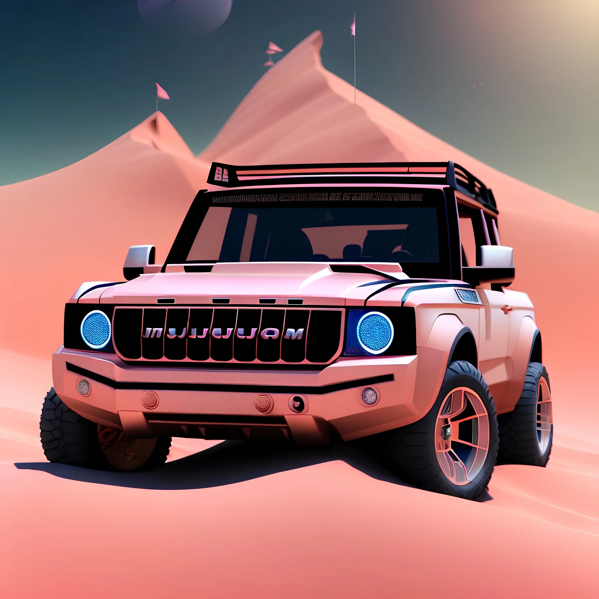 3d car, Pink Bronco, with black wheels, in the dessert sand, dunes in background, art photography, soft focus, intricate, highly detailed, artstation, sharp focus, cinematic spot light, illustration, art by artgerm, ultrarealistic UHD face, 85mm, Canon, bokeh, blue background, stunning