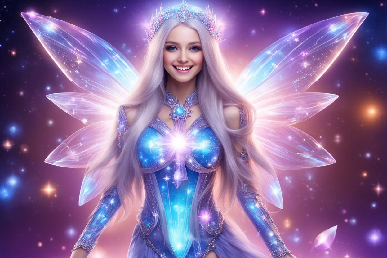 beautiful bright fairy cosmic women with cosmic long straight hair, crystal jewel and dressed with a magic crystal suit. she has light make up and a sweety smile