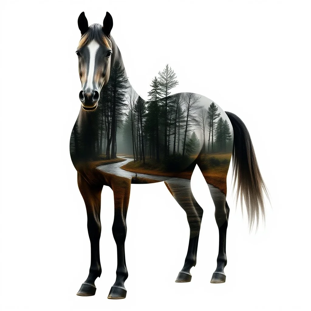 Artistic double exposure digital illustration featuring a horse with a forest scene inside its silhouette. The horse stands against a clean white background, with detailed trees, a river, and other forest elements visible within its form. no brush marks, realistic maximalist oil painting style, ultra quality