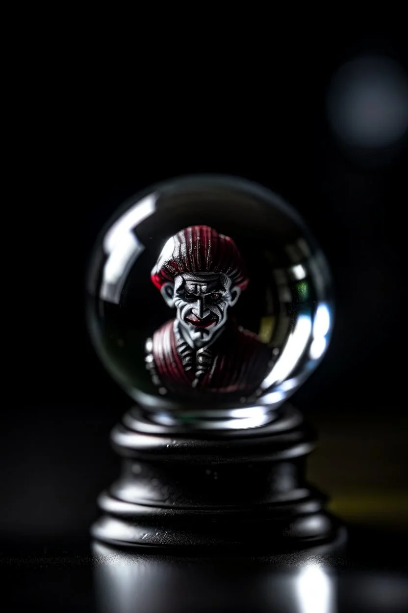 glass crystal ball with joker inside against pitch black background, shot on Hasselblad h6d-400c, zeiss prime lens, bokeh like f/0.8, tilt-shift lens 8k, high detail, smooth render, down-light, unreal engine, prize winning