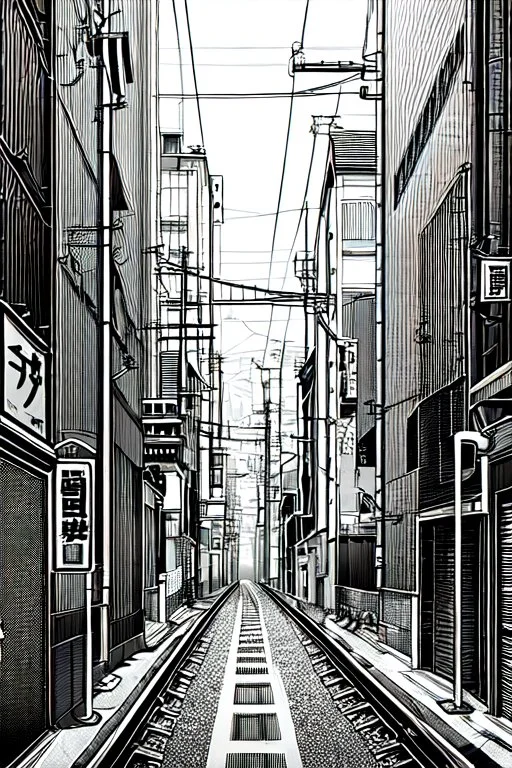 Tokyo alley, line arts, greyscale