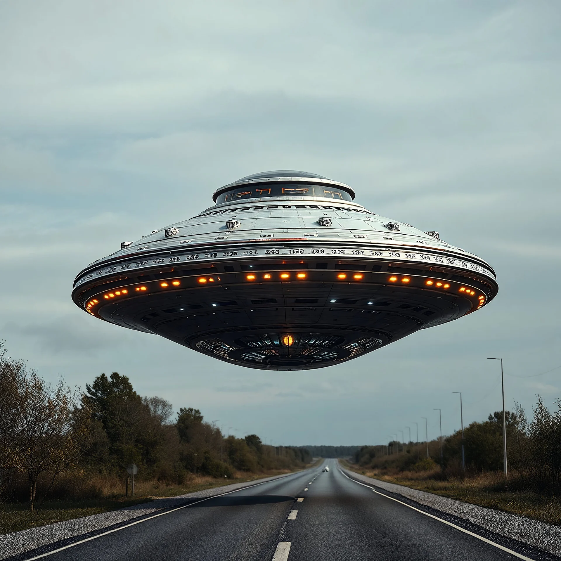 Ultra realistc,UFO A 6 diameter meter metal gigantic Technologic IcoSphere flying over a road, photorealistic, close shot, not perfectly round