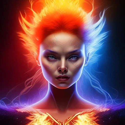 Dark Phoenix, X-Men , Jean Gray. hyperfantastic,hyperscifi,unreal engine,3D,best colours,deep purple . fire theme .blue neon smoke.cinamatic,full cinematic lights.beautiful body and hands details,beautiful face details,8k,hyperdetails.by alan parker.ann dittman