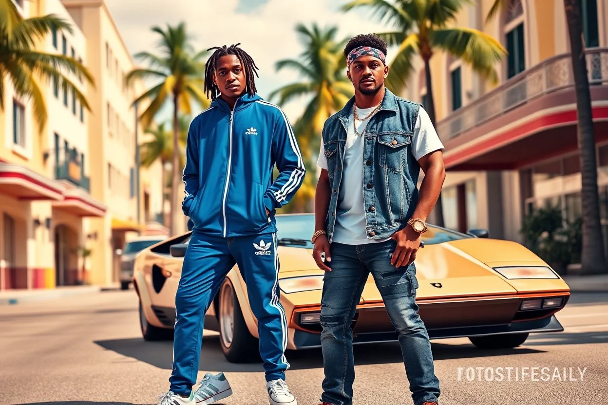 A vibrant, cinematic “Grand Theft Auto: Vice City”-style poster set in a pastel-colored Miami street with Art Deco buildings, tall palm trees, and warm sunlight. Two stylish men stand confidently in front of a vintage Lamborghini Countach. One man wears a blue Adidas tracksuit with white sneakers, hands in pockets, sporting short dreadlocks and a casual relaxed expression. The other man wears a denim vest over a white T-shirt, dark jeans, a bandana, and gold accessories, giving a cool streetwear