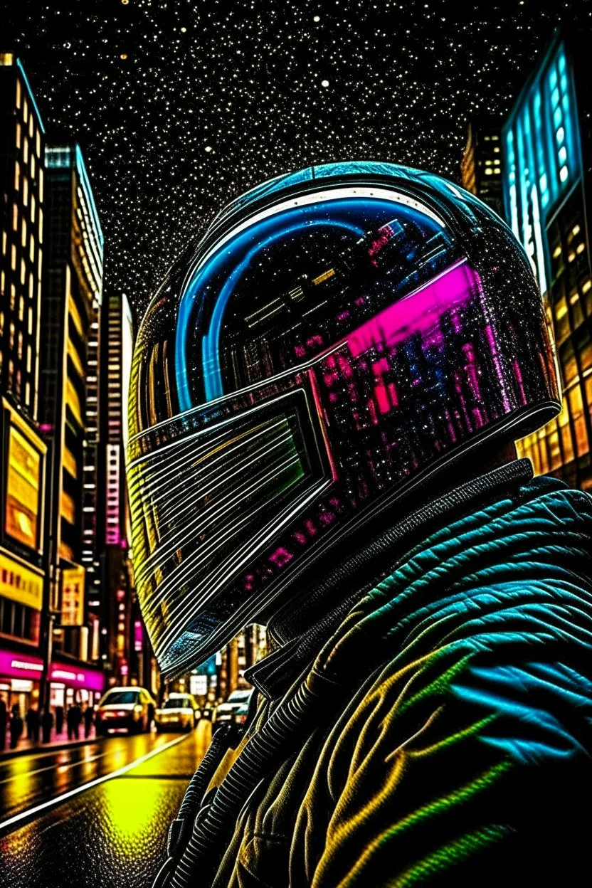 The helmet of a boba fet, in the reflection of which you can see a bat that is close to him and is about to hit and the bright colors of a busy city::3 chromatic::1.8 comicbook::2.4 dark matter::1.4 dna::1.5 dripping paint::1.5 ultra wide angle lens::2.4 cymk::1.3 gray::3.4 grayscale color::1.9 indigo::1.6 matte black color::2.1 neon blue color::2 neon orange color::2.2 rgb::3.2 --quality 1