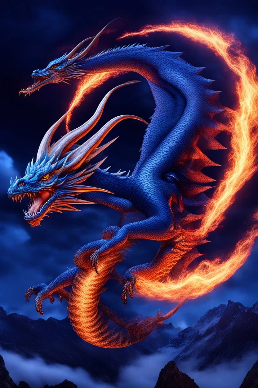 Ultra hyper photo realistic blue dragon airborne breathing fire at night full moon in the background