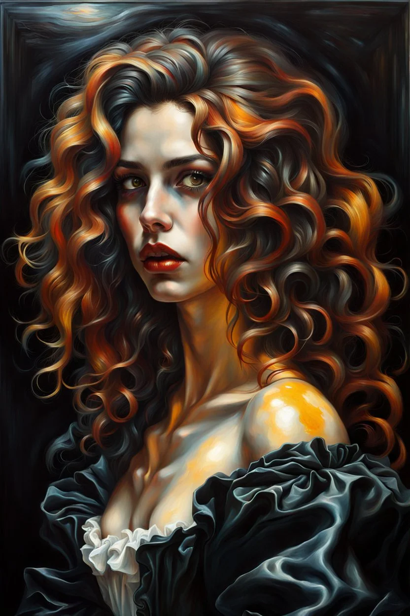 full body oil painting of a post apocalyptic, otherworldly vampire girl with highly detailed hair and facial features ,in the painting style of Gian Lorenzo Bernini and Johannes Vermeer, with a fine art aesthetic, highly detailed brushstrokes, realistic baroque style