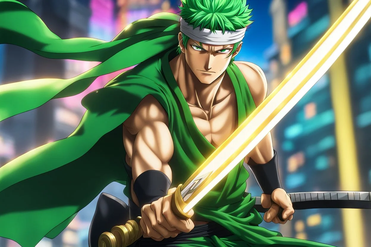 Zoro in 8k 2D anime realistic drawing style, close picture, fantasy, neon, highly detailed, high details, detailed portrait, masterpiece,ultra detailed, ultra quality
