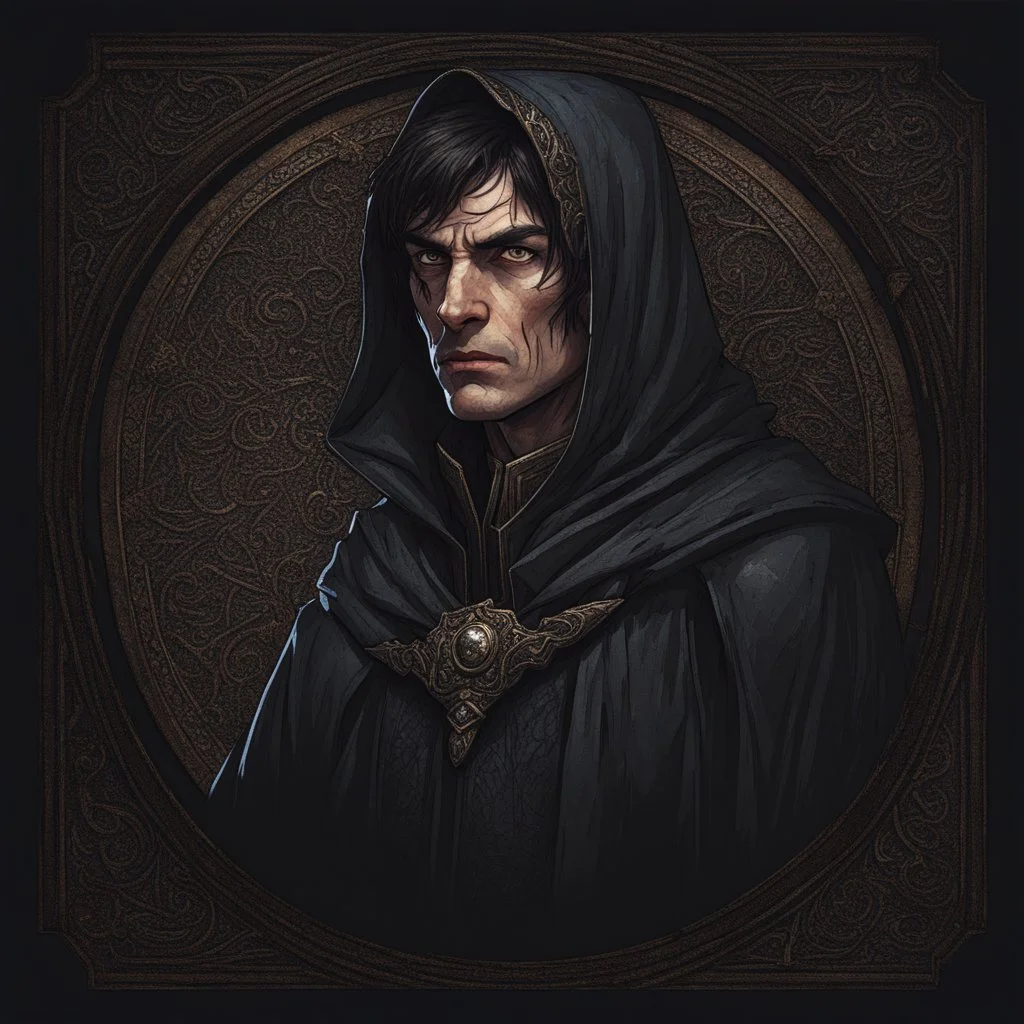 Dnd, fantasy, portrait, only face, archimage, medieval mosaic, ruthless, violent, old, black robe, very slim, black hair