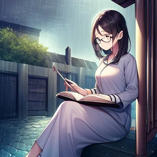 anime girl sitting on a porch swing of an old house, journaling, wearing pajamas, writing in a book, shes watching it rain, more detail on hands and her face,shes deep in her thoughts, wearing glasses, rain drops, she has a pencil in her hand and is writning in the book, she is looking down at what she is writing