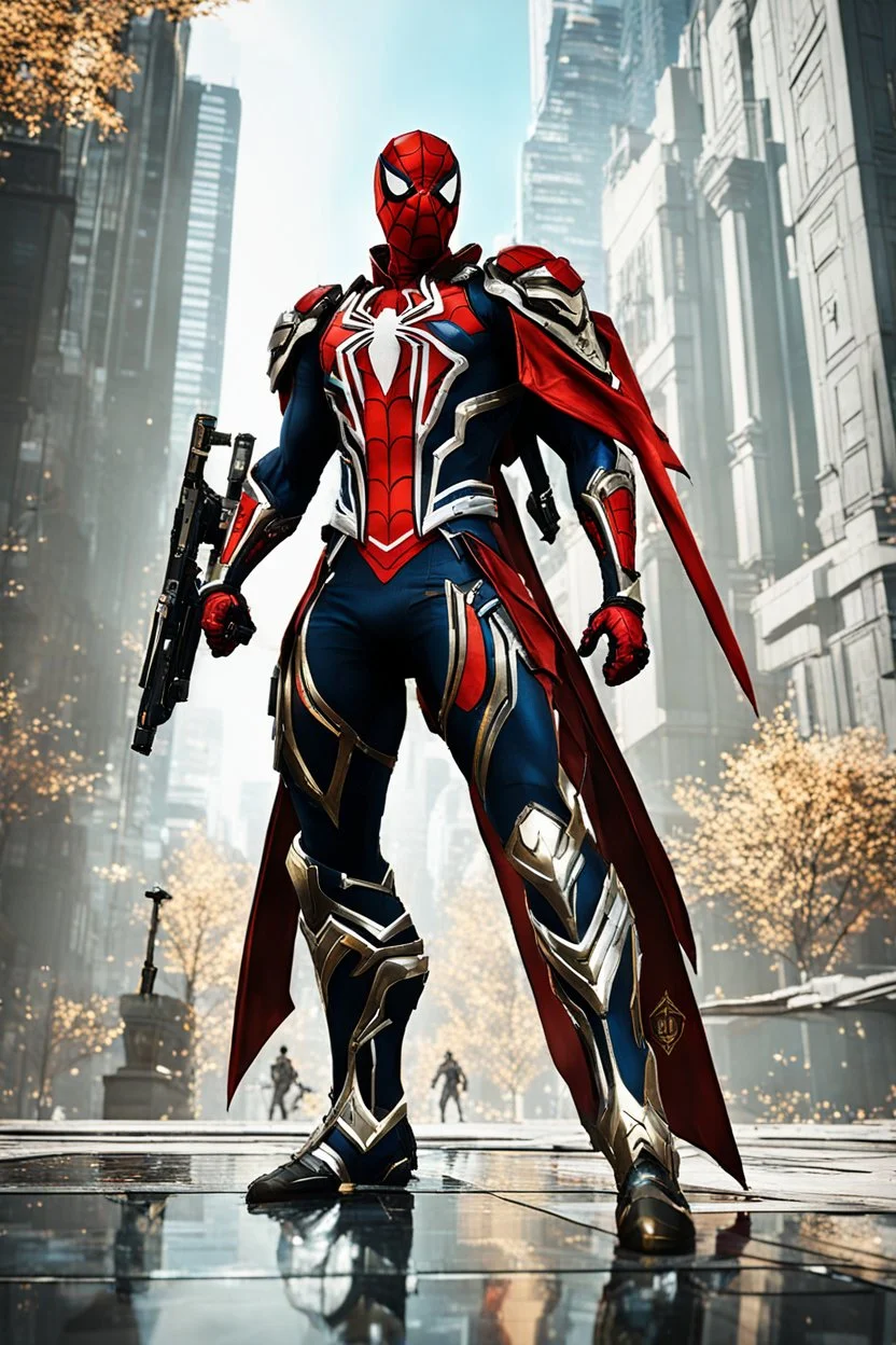 Full body Spider man ultra advanced warframe with the whole and full body full armor with ultra sophisticated machine compagnon ultra high resolution and details,walk in street city bussy