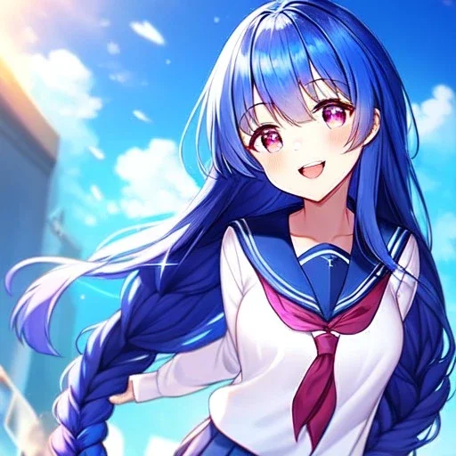 girl, masterpiece, best quality, volumetric lighting, detailed outfit, perfect eyes, long hair, blue hair, pink eyes, braided ponytail, school outfit, laughing,