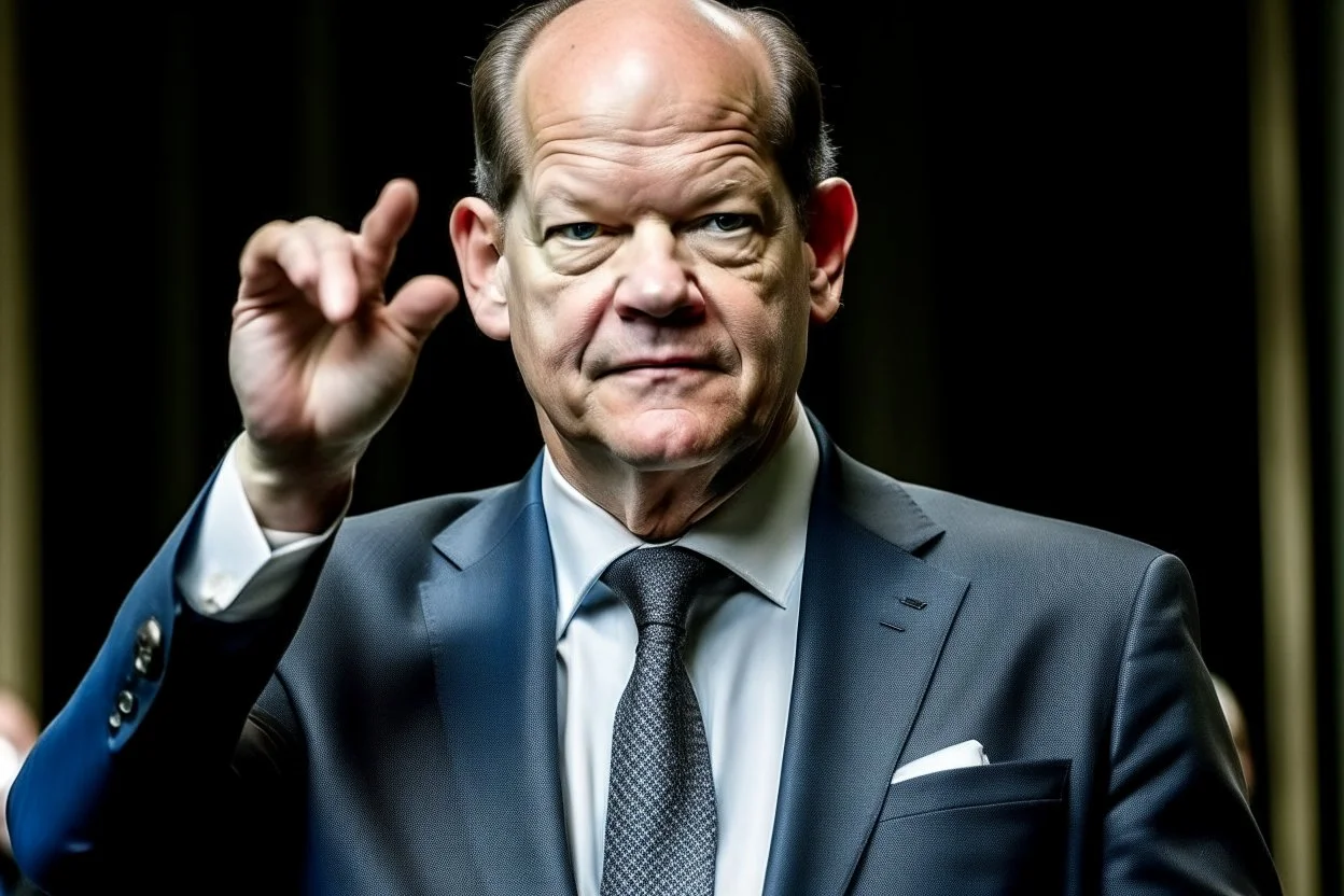 Olaf Scholz with concerned expression, waving hand, pressed lips; in the style of Albrecht Dürer