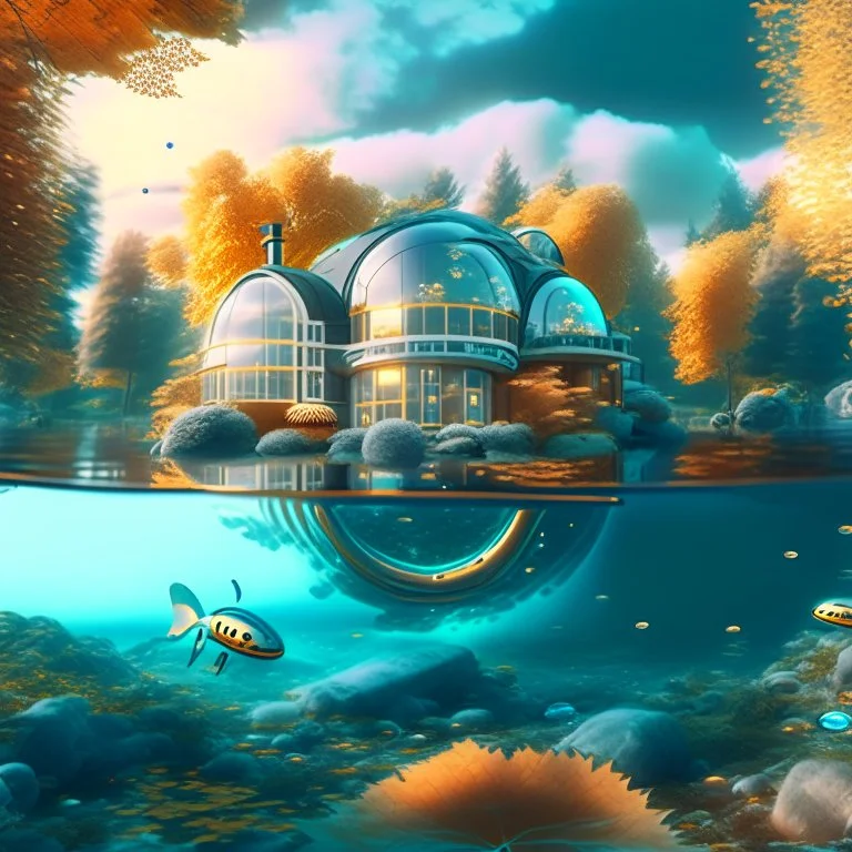 Country house under crystal clear water futuristic science fiction hyper-realistic detailed fall 8k