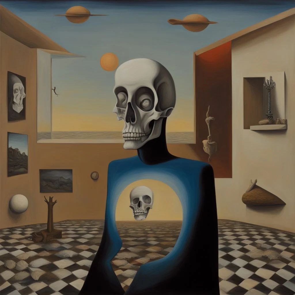 "surrealist painting called 'today I am thinking about death by dali and picasso and magritte and Breughel