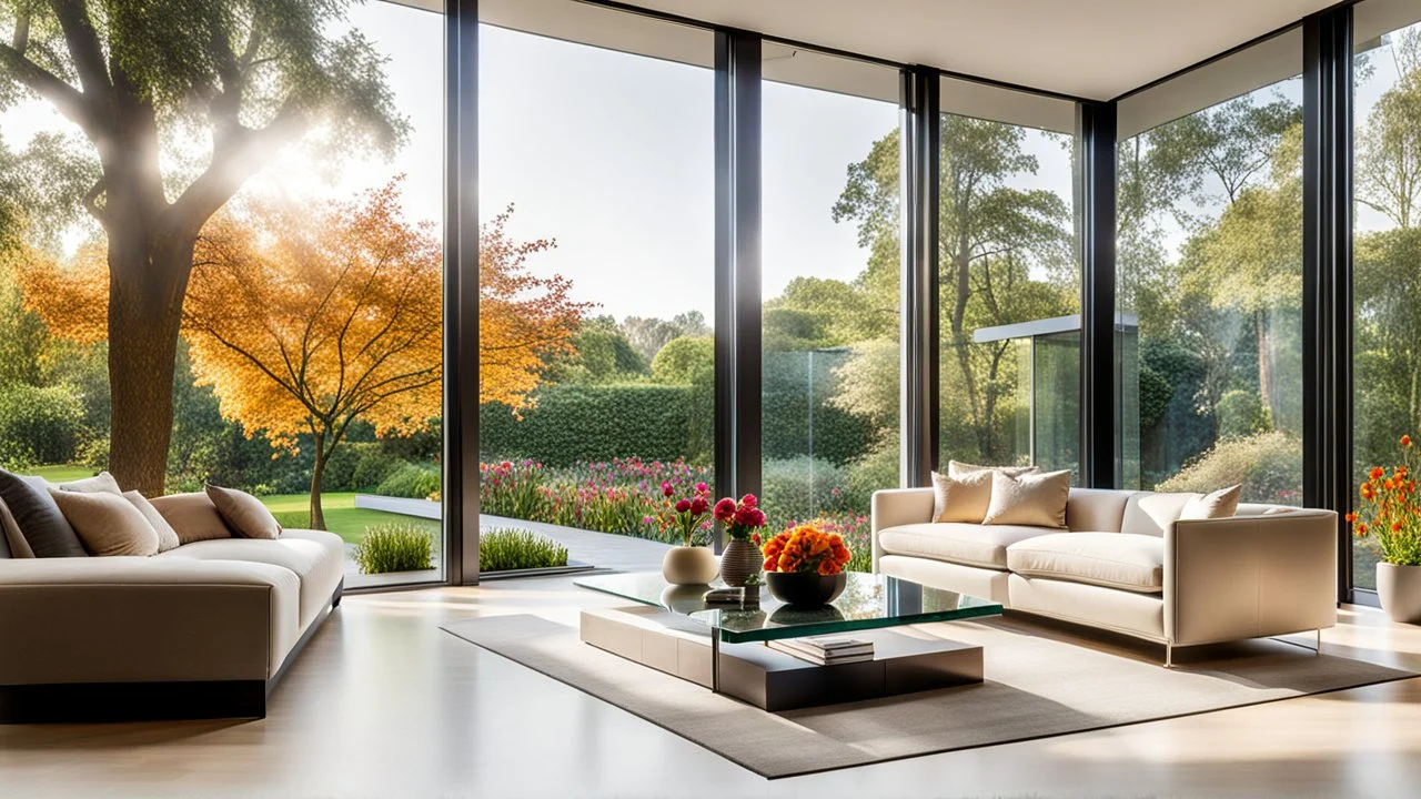 Beautiful modern luxurious minimal domestic living room, floor-to-ceiling windows look out onto attractive flower gardens and trees. Room is light, comfortable, peaceful, welcoming and tasteful. The home was winner of a national architecture award.