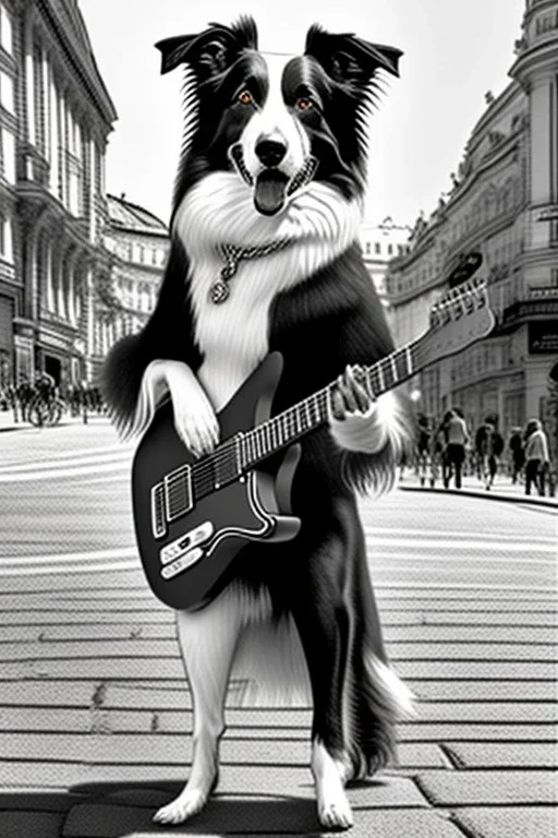 One single mature border collie, playing guitar in the street , Vienna, friendly, sunny day, model style, hyper realistic, extremely accurate, delicate, extremely detailed, Graphic novel style, wide-angle, open aperture, superfine pencil