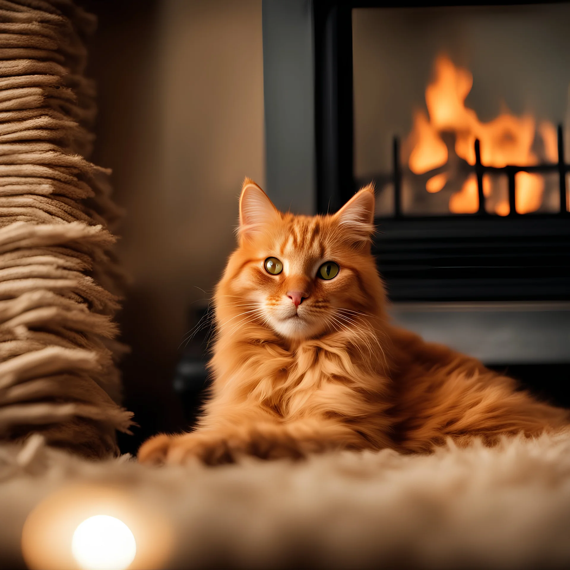 Night, indoors, close-up of a cute orange cat lying on the fur, fluffy hair, penetrating light in the eyes, a fireplace in the background, vibrant, realistic, high resolution, high contrast