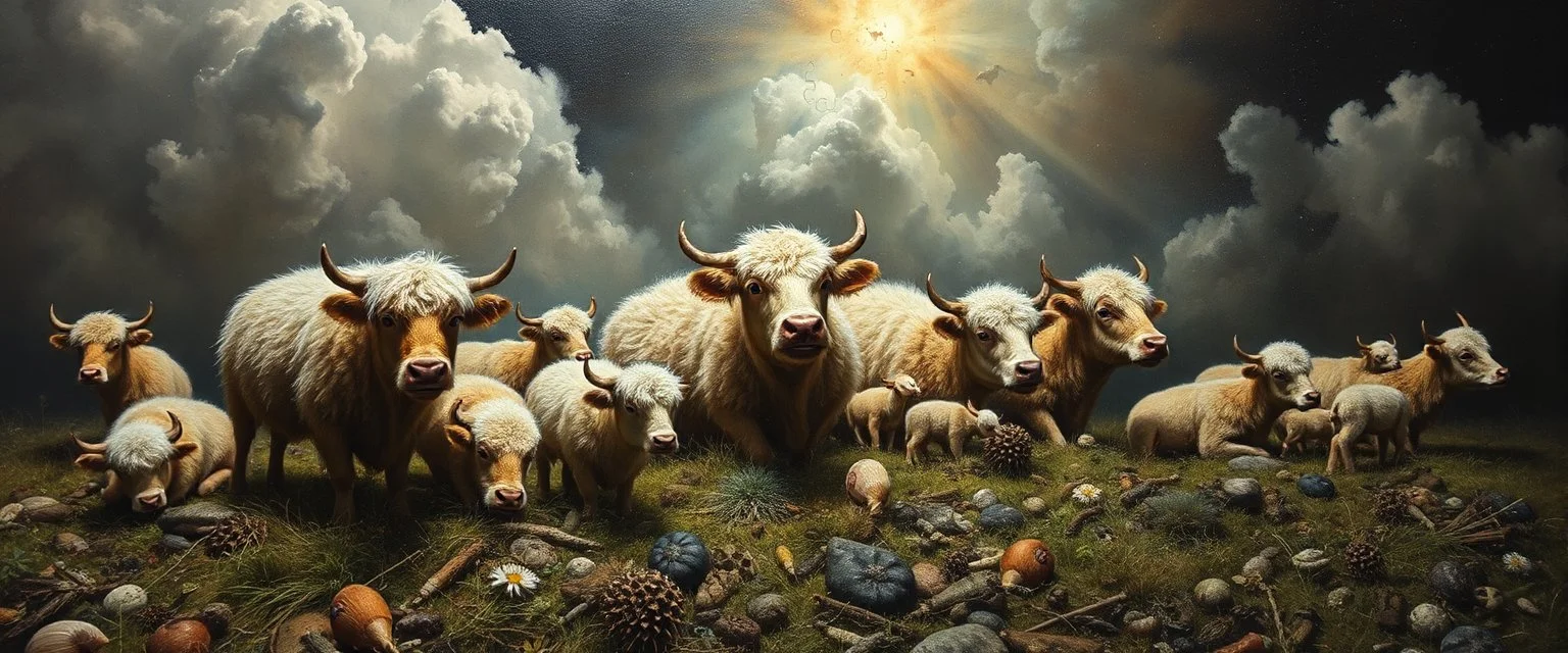 almost fully laid small puzzle pieces mixed up by angry god in heaven suffering through a pinhole cam picture of heavenly fluffy elevated messed up woodland elongated slimy cow snail story teller and ad & d monster creatures flock painted by Nerdrum and Rembrandt