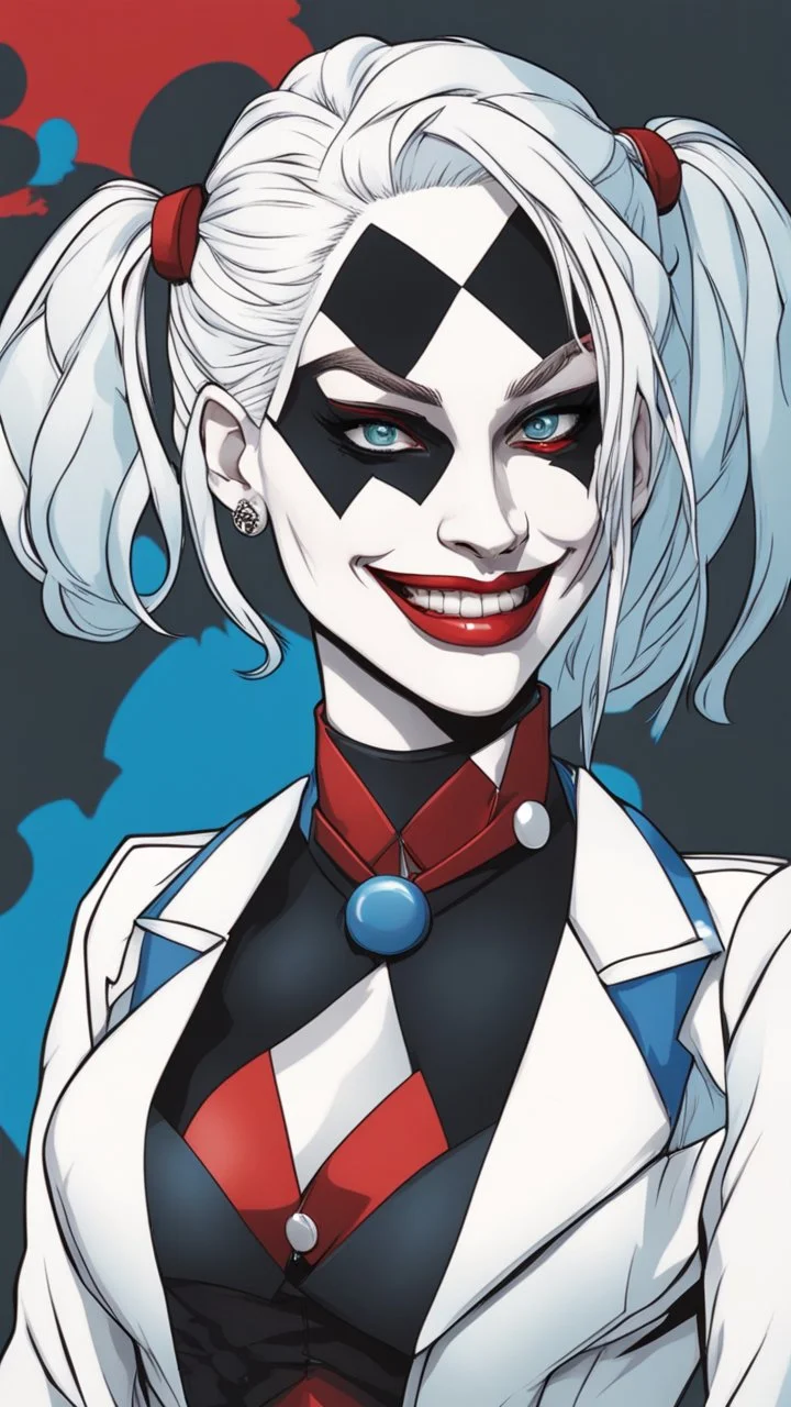 Harley Quinn, black suit, white hair and blue and red details on it, evil smile