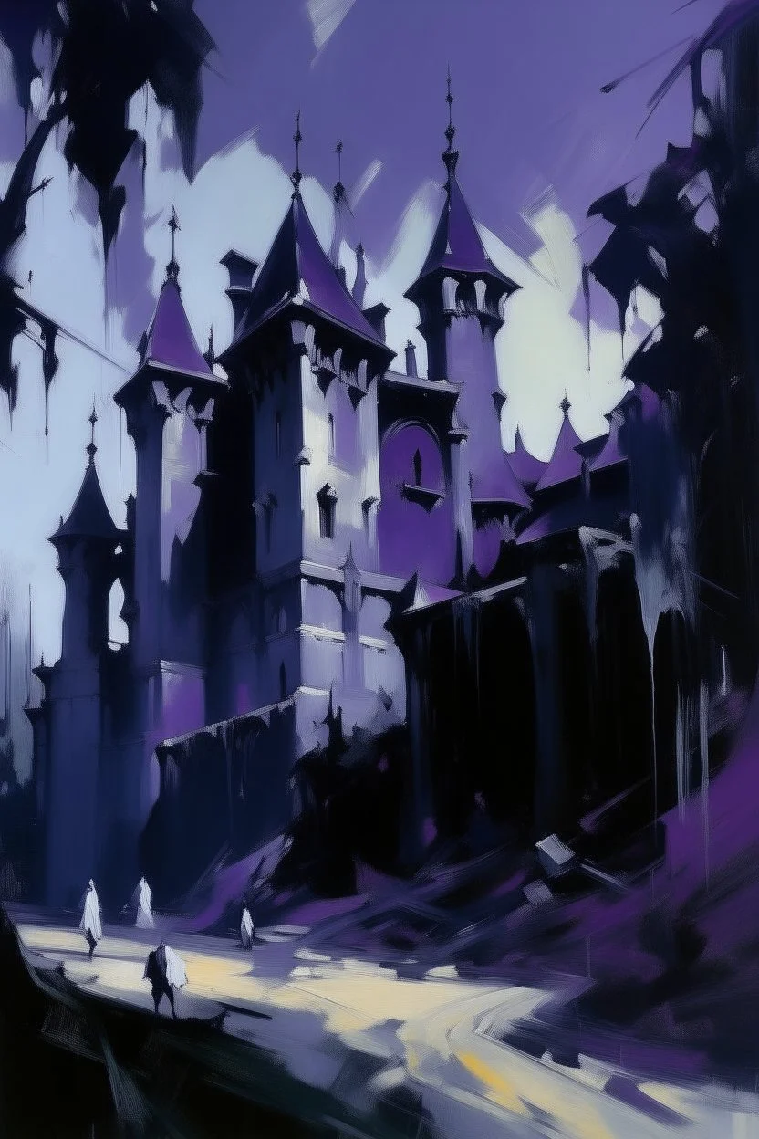 A dark purple haunted vampire castle with ghosts painted by John Singer Sargent