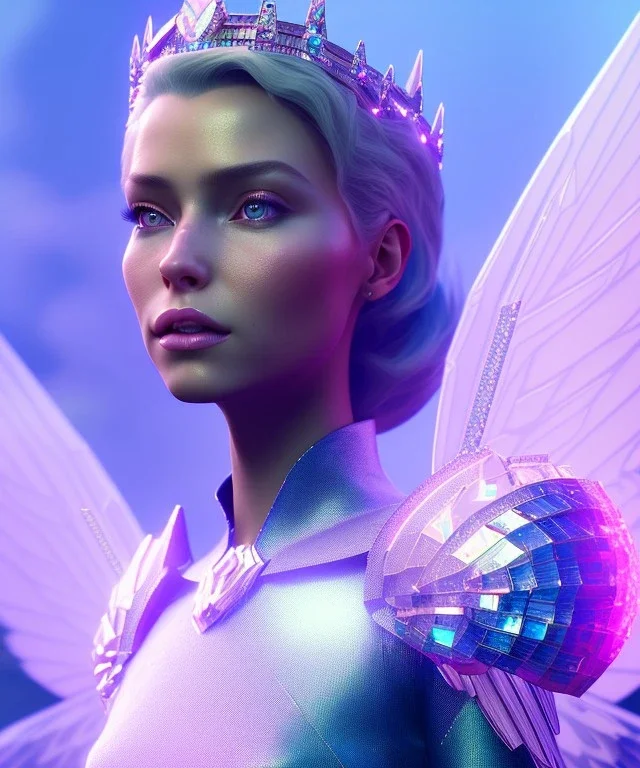 A crystalised queen, atmospheric, realistic, unreal engine, cinematic lighting, octane render. blue, pink, transparency, light, shine,bright, full body, transparent wings, blonde, long hair, nice smile