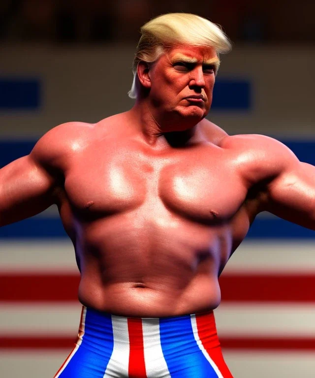 Realistic image of Donald trump wrestler, Mexican wrestling style, eye liner, red and blue breeches, glow us flag dress, suspenders, retro style, 80s, vibrant color, highly detailed, clean background, concept art, unreal engine 5, god rays, ray tracing, RTX, lumen lighting, ultra detail, volumetric lighting, 3d, finely drawn, high definition, high resolution.