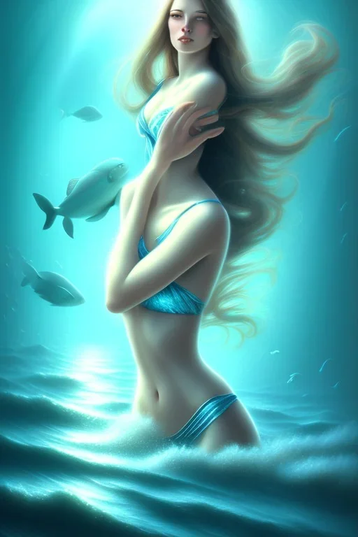 happy lady muse with long hair top in the ocean