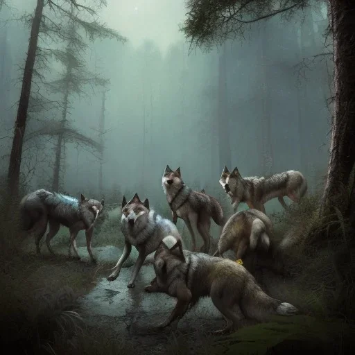 franz frazetta style, wolf pack in the forest clearing, night