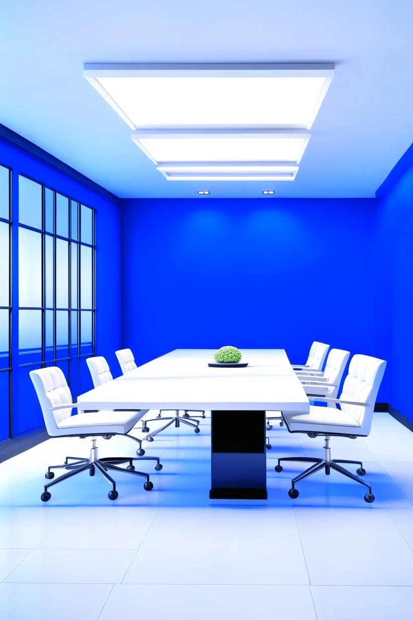 Meeting room with blue walls and white floor