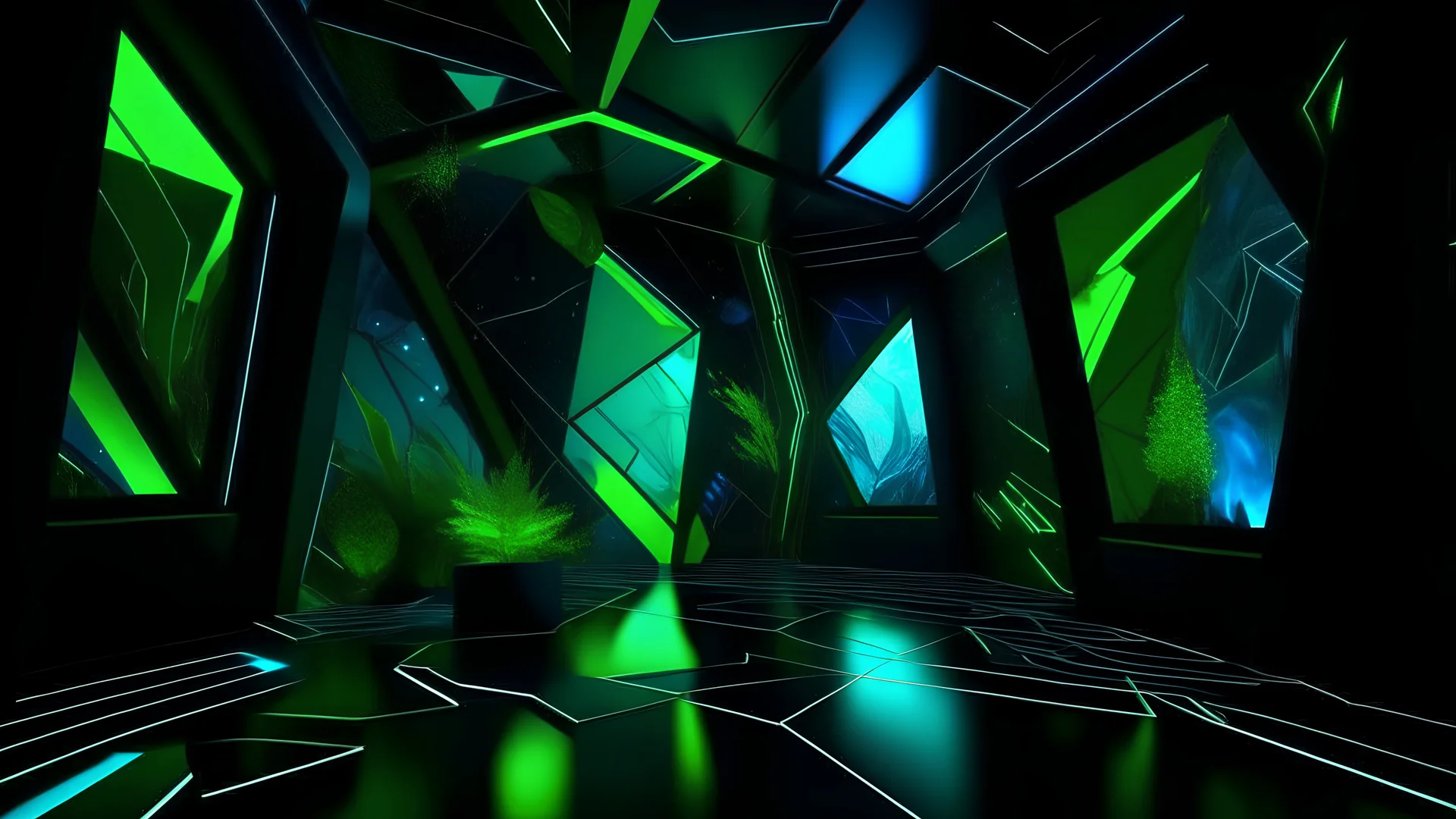 A dark room with bright green and blue geometric shapes and structures, creating an abstract and futuristic atmosphere where some strange creatures live.