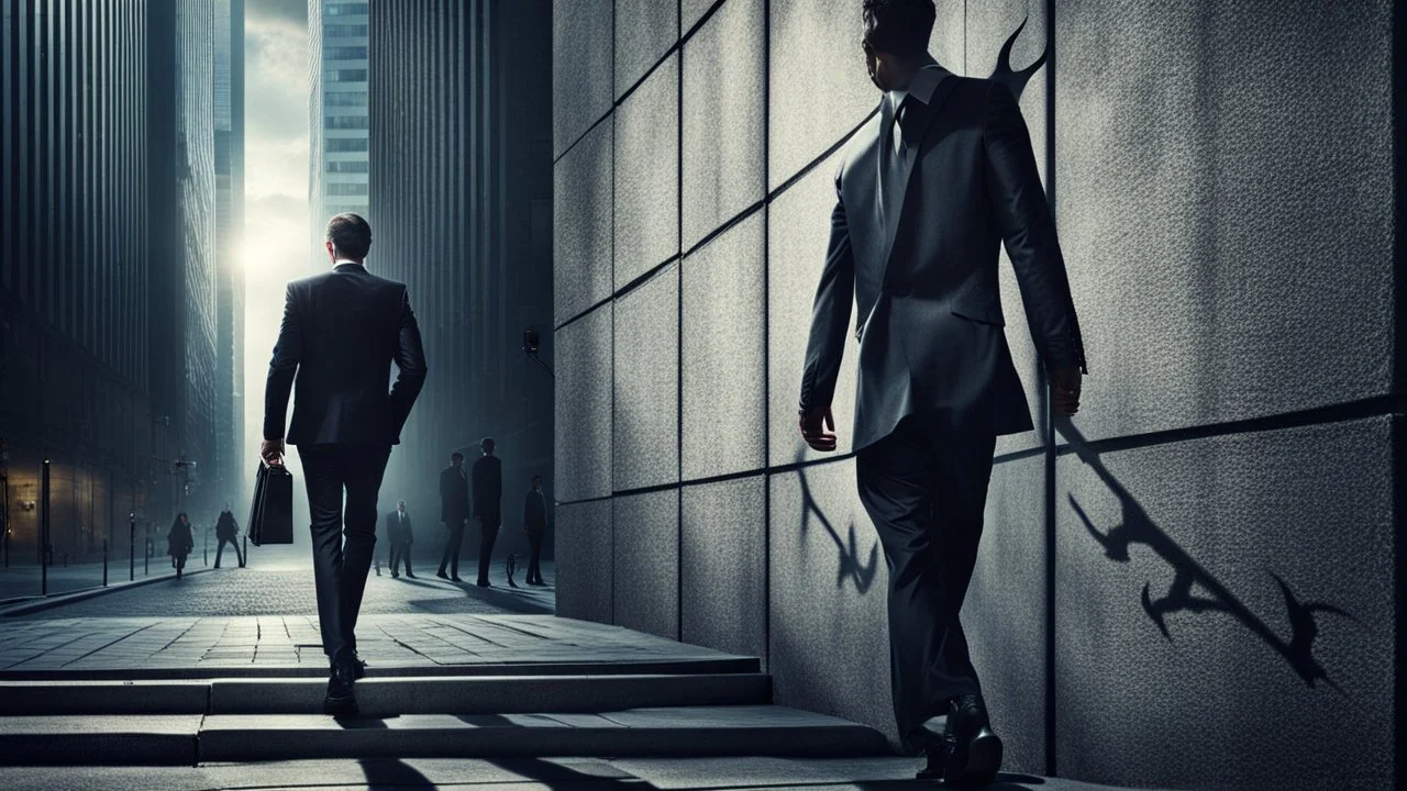 a high realistic photo from a business man walkings on street and behind his own shadow into an devil walking on big wall , modern city, weird atmosphere.detalied, sharp focus, surreal mood, thriller, dark dream