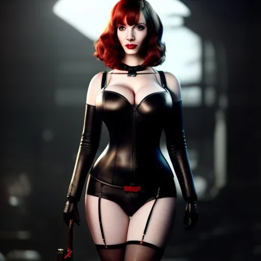 Christina Hendricks dressed in black leather, frank miller sin city, busty, cleavage, volumetric lighting, particales,highly detailed,cinematic, deep colours,8