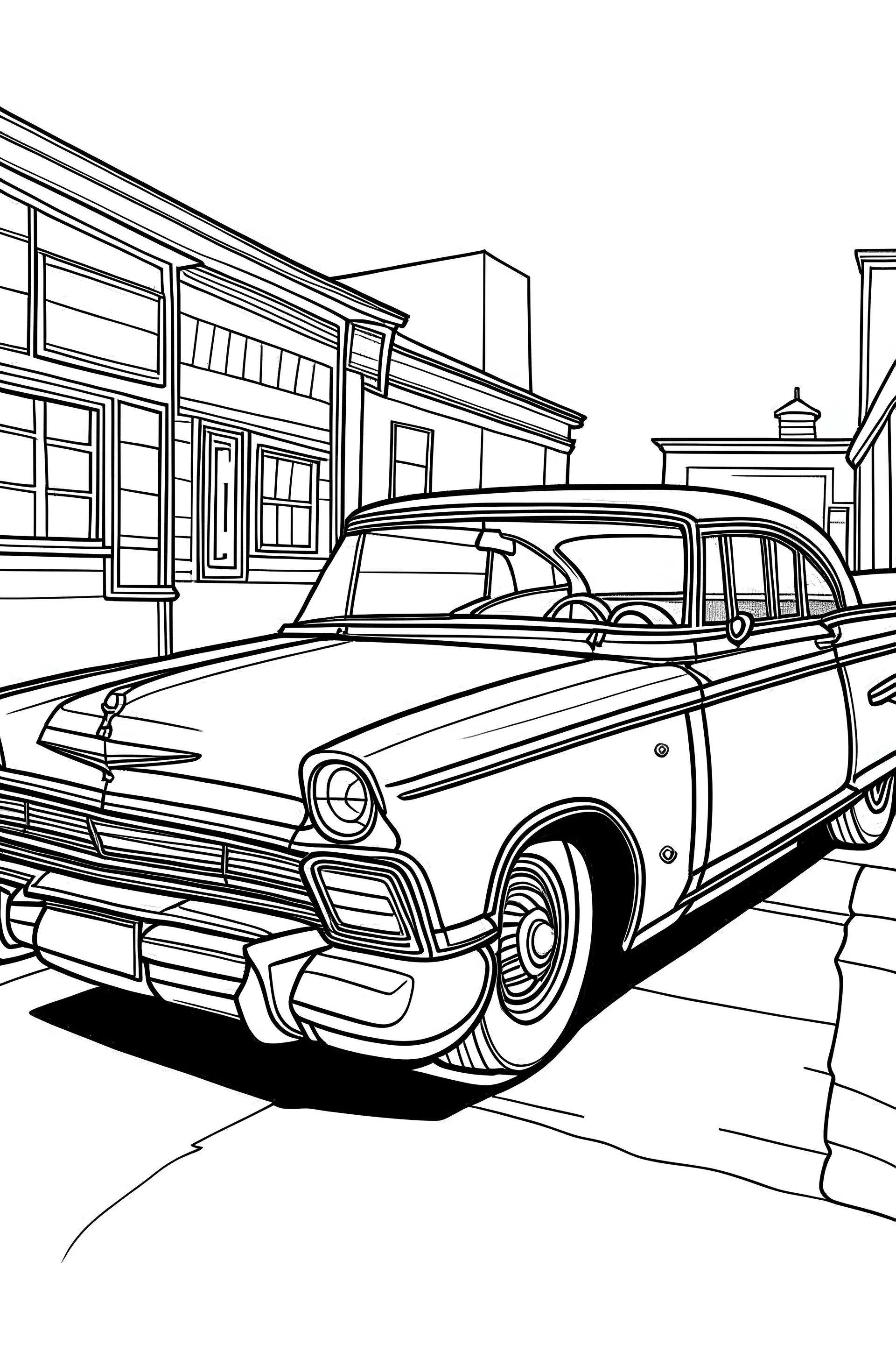 coloring page, car Plymouth Fury (1958) alternative parked on the asphalt street, cartoon style, thick lines, few details, no shadows, no colors