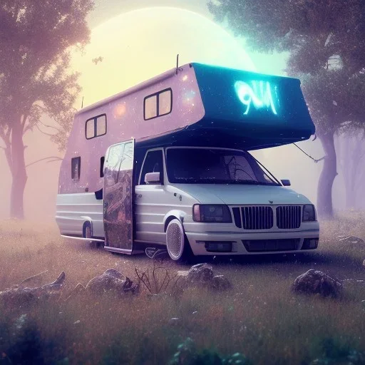 Big caravan, ultra realistic, intricate details, ultra highly detailed, shiny, smooth, studio quality, octane render, Surrealism, Triadic colour scheme,glow-stick, ambient lighting,nightclub lighting, polaroid, 100mm, --ar 1:1 --v4